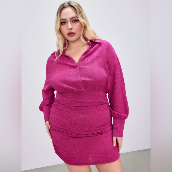 NWT Cider Fushcia Collar Ruched Mini Shirt Dress Curve & Plus - Picture 5 of 7